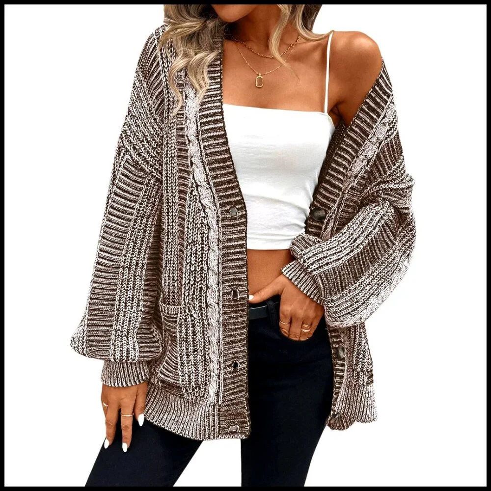 Oversized Cable Knit Cardigan with Pockets, Long Sleeve Open Front Sweater